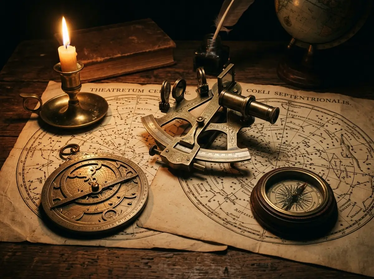 Antique celestial navigation tools resting on ancient starmaps