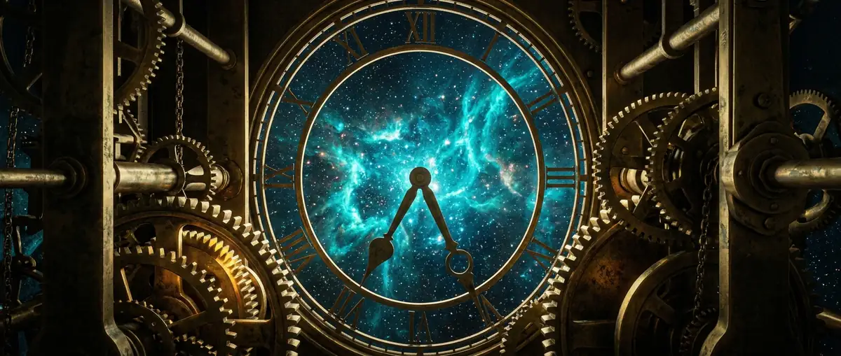 Glowing cyan nebula through clock tower gears