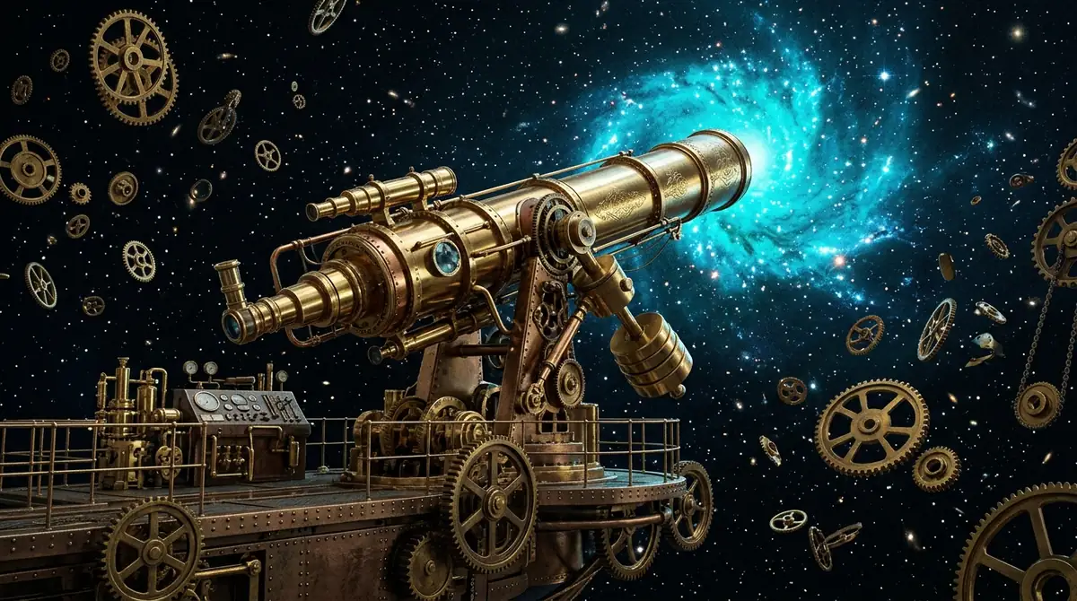 Brass telescope pointed at a cyan nebula