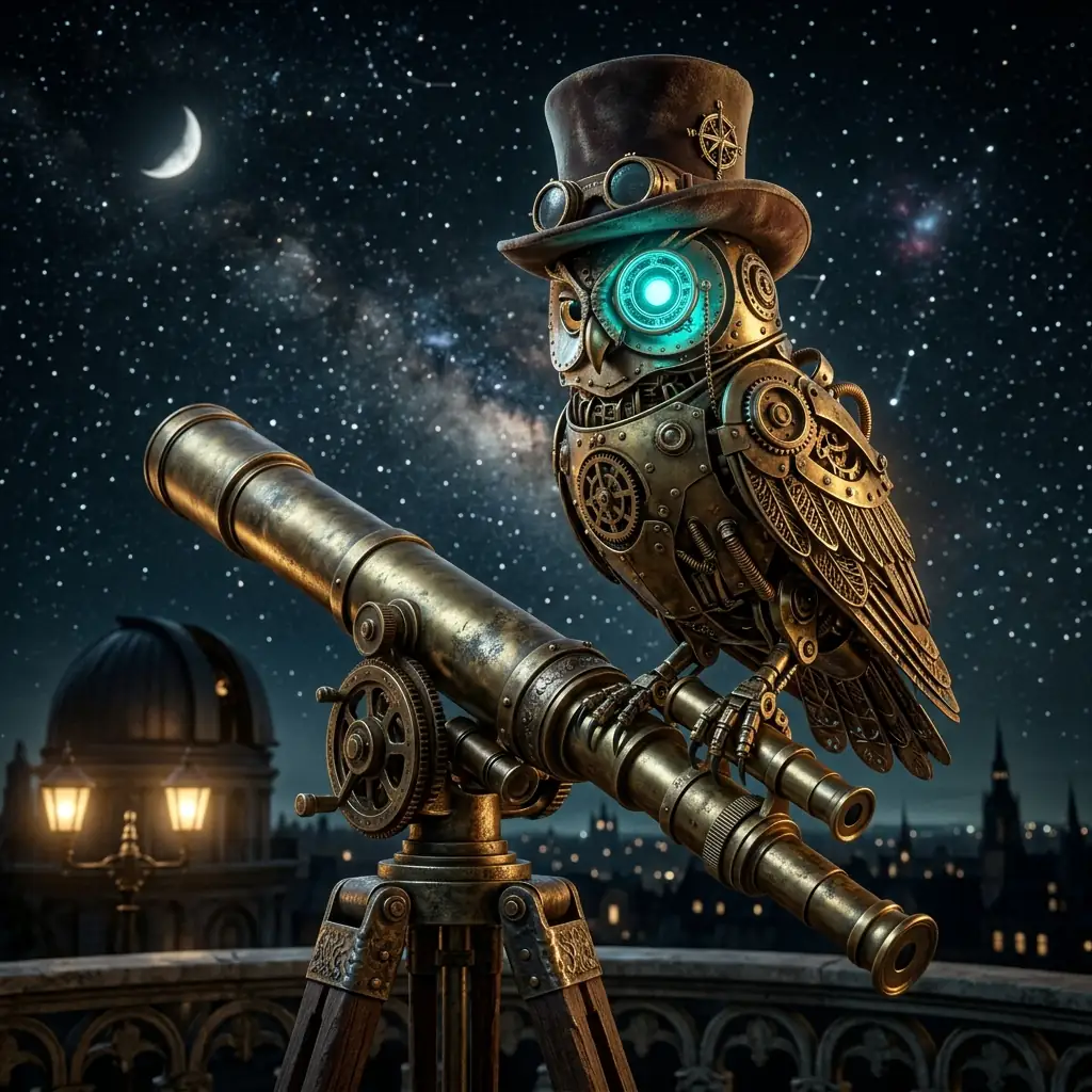 Professor Ptolemy perched on a telescope