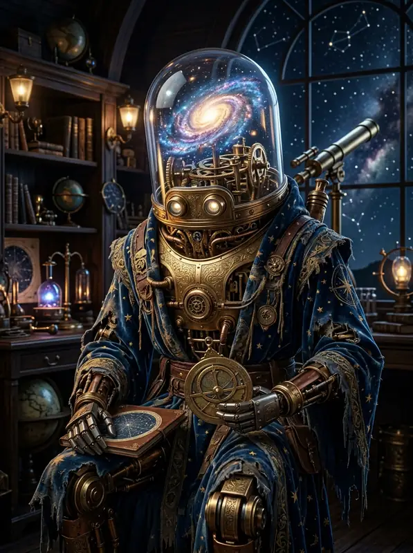 The Astromancer Automaton: A delicate, clockwork humanoid crafted from polished brass and stained glass